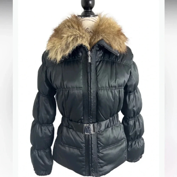 NINE WEST COAT BLACK PUFFER BROWN FAUX FUR COLLAR WAIST FEATHER SIZE SMALL - Picture 1 of 9